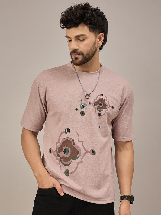 Men Oversized Printed Round Neck Drop Shoulder T-shirt Pink