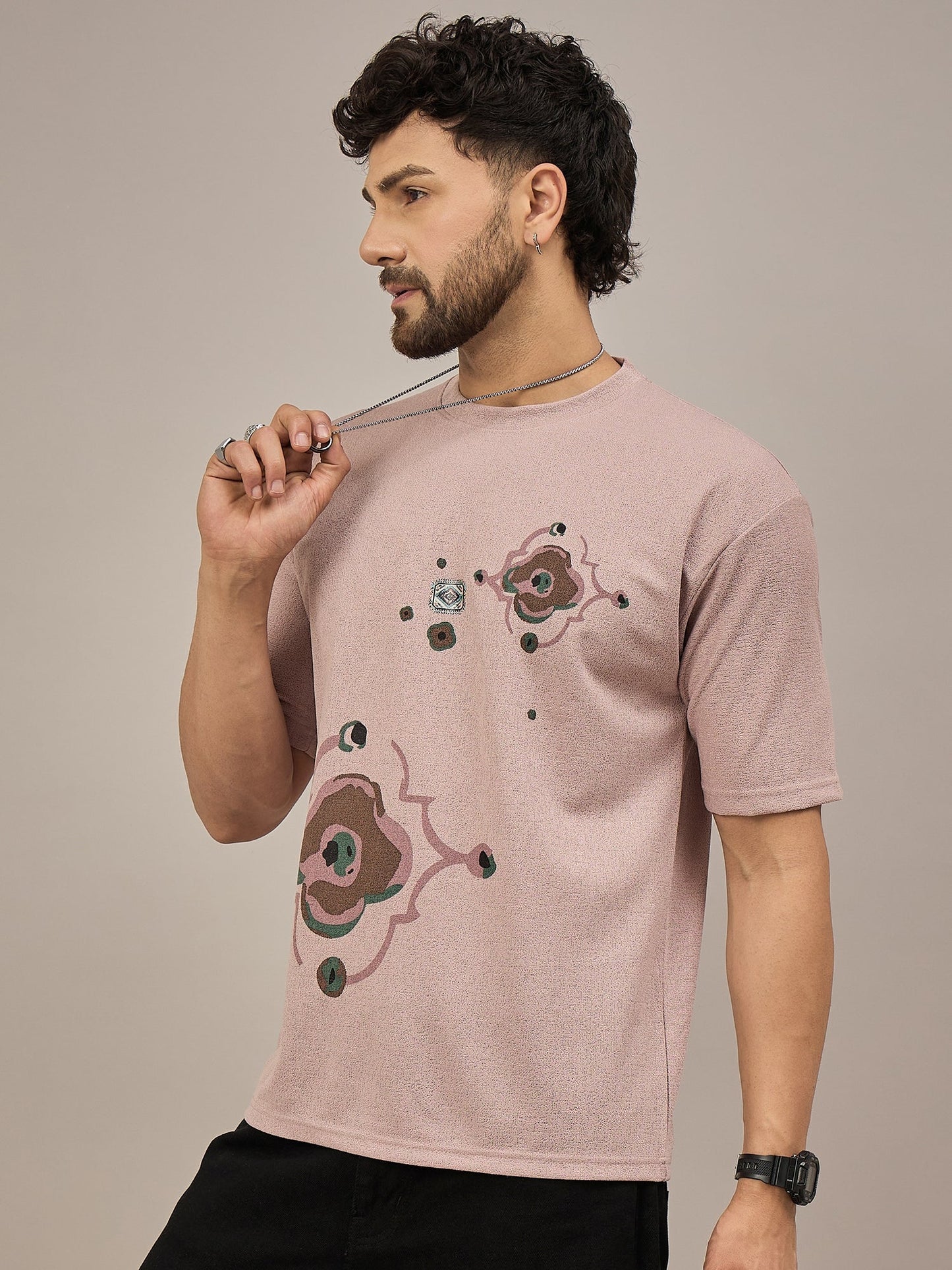 Men Oversized Printed Round Neck Drop Shoulder T-shirt Pink