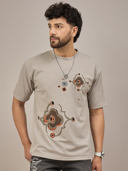Men Oversized Printed Round Neck Drop Shoulder T-shirt Beige