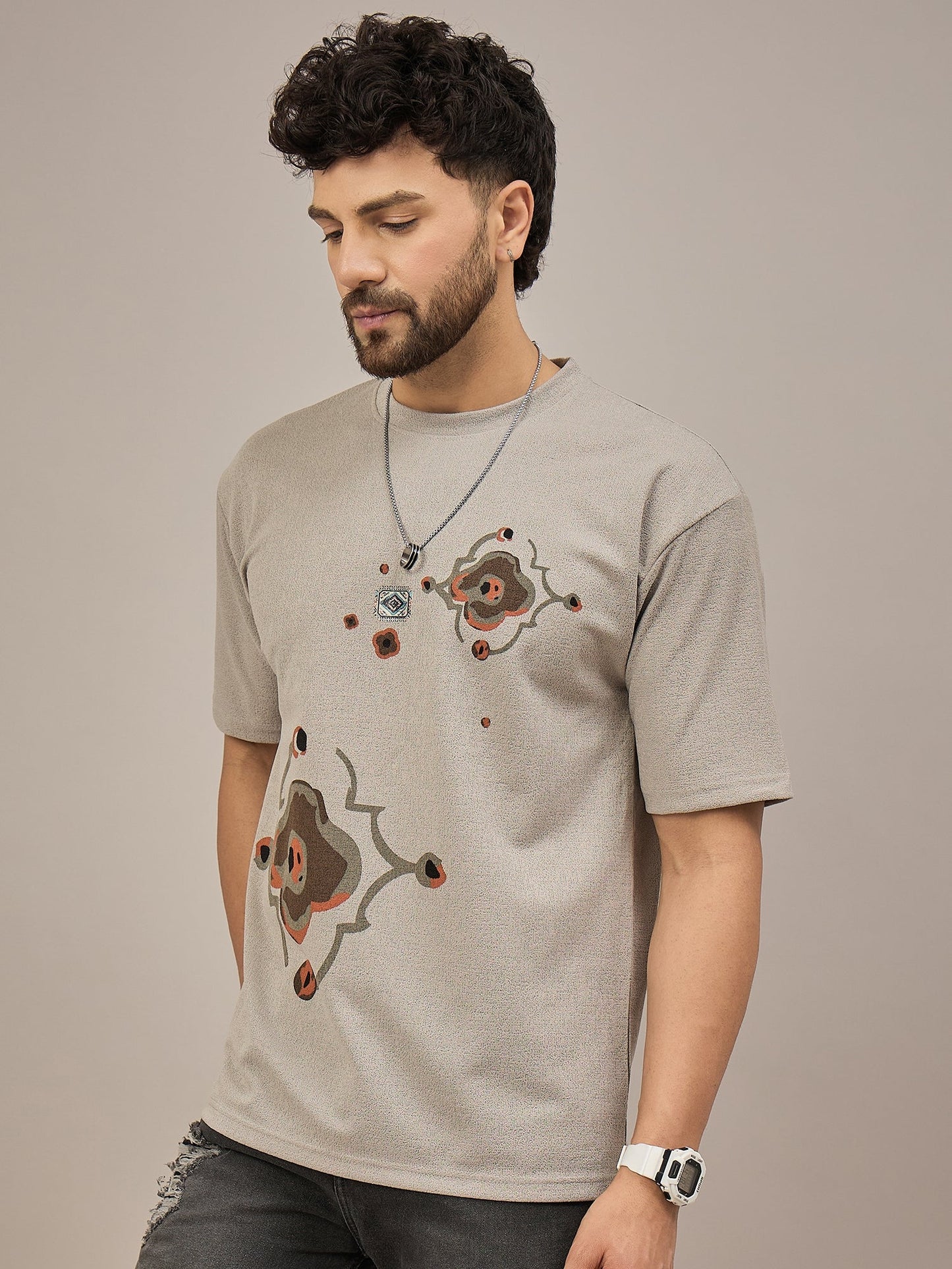 Men Oversized Printed Round Neck Drop Shoulder T-shirt Beige