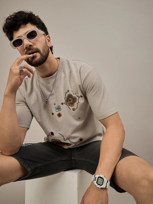 Men Oversized Printed Round Neck Drop Shoulder T-shirt Beige