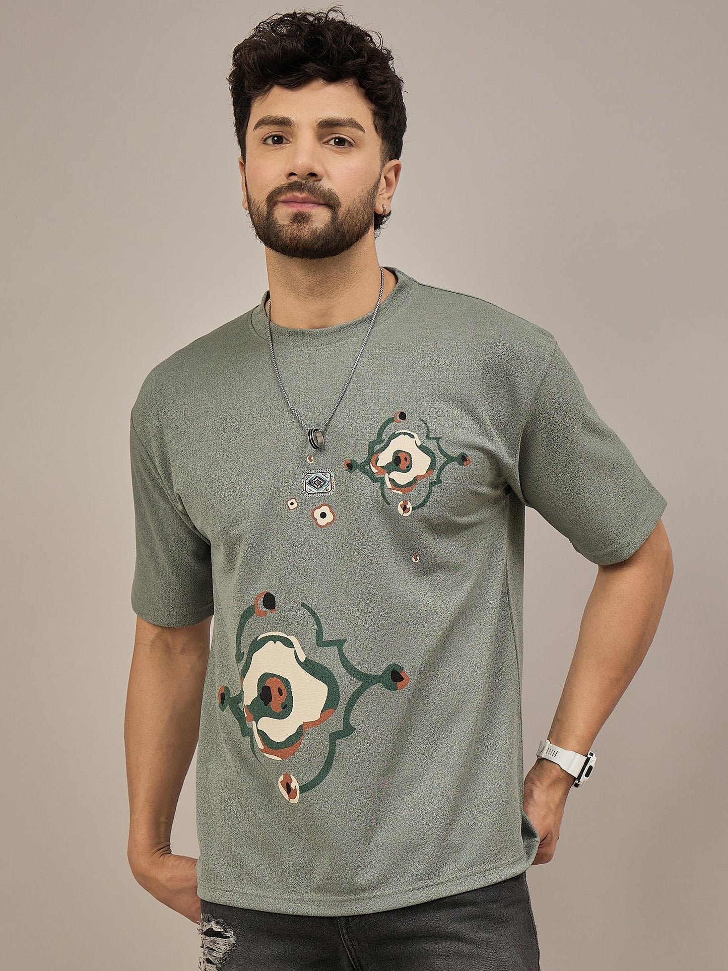 Men Oversized Printed Round Neck Drop Shoulder T-shirt Green