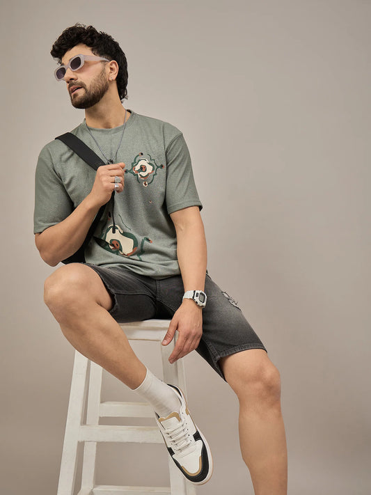 Men Oversized Printed Round Neck Drop Shoulder T-shirt Green