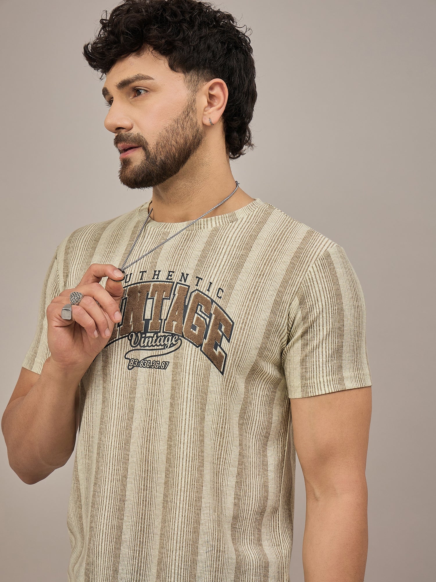 Men Striped T-shirt Beige & Light Brown