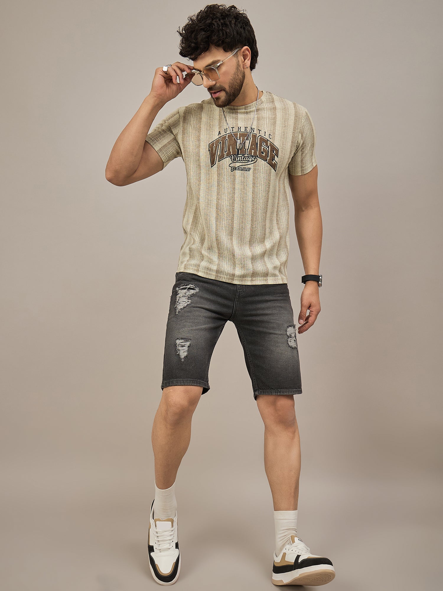 Men Striped T-shirt Beige & Light Brown