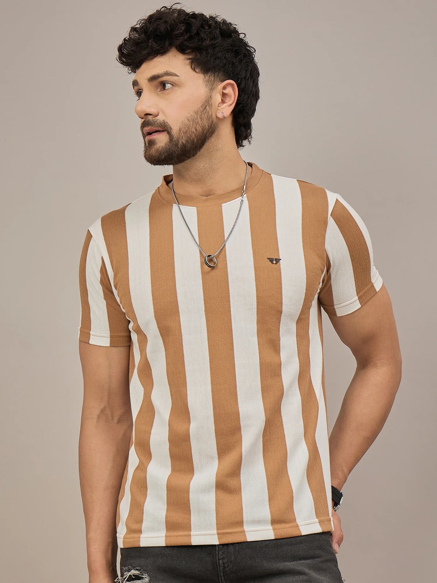 Men Striped T-shirt Light Brown and White