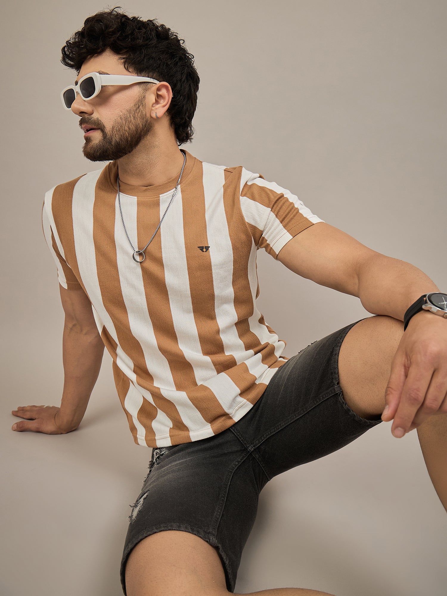 Men Striped T-shirt Light Brown & White