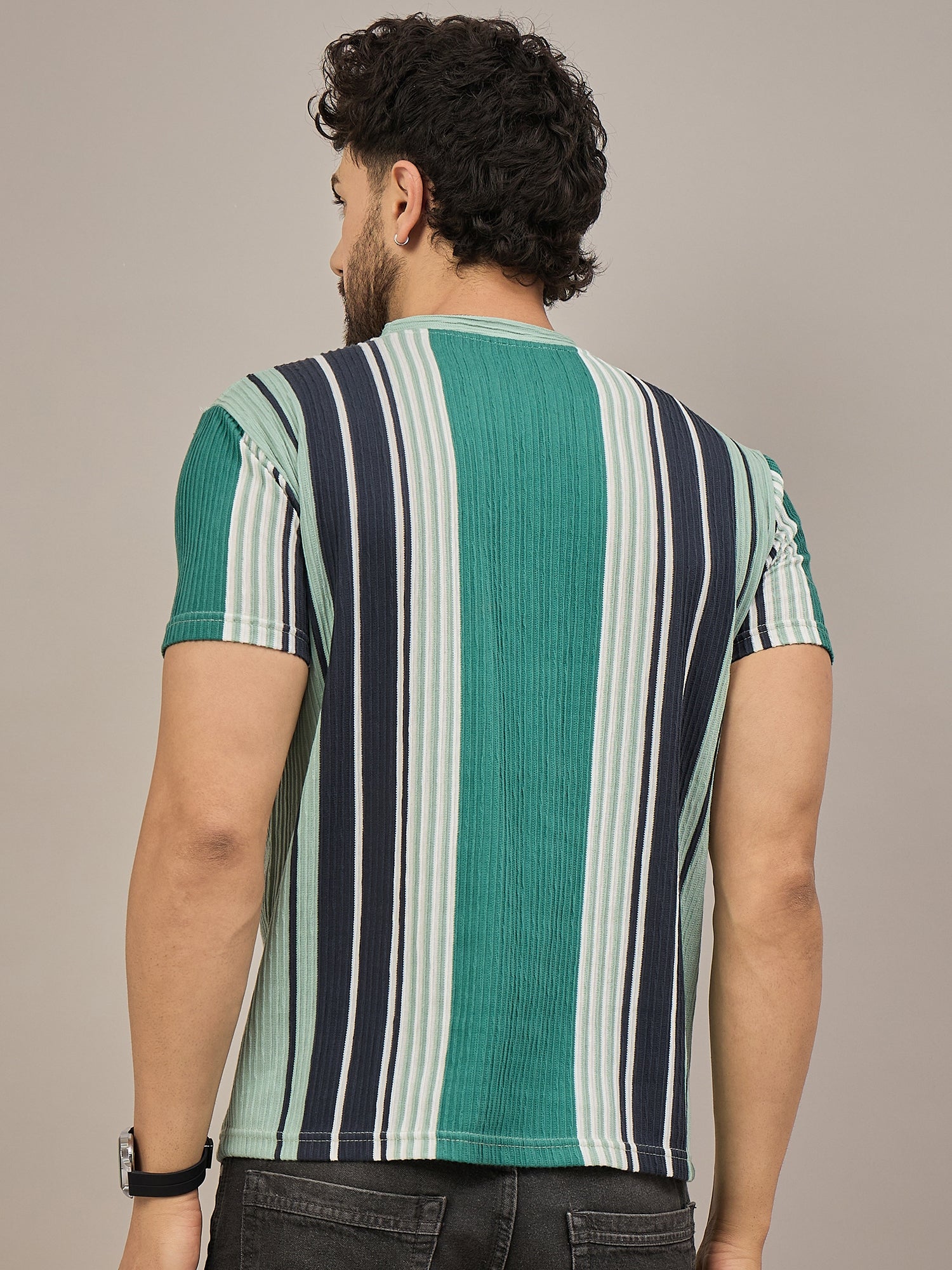 Men Striped T-shirt Green & Black