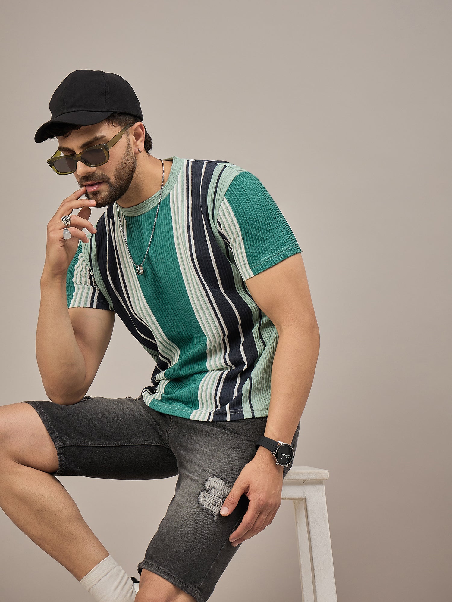 Men Striped T-shirt Green & Black