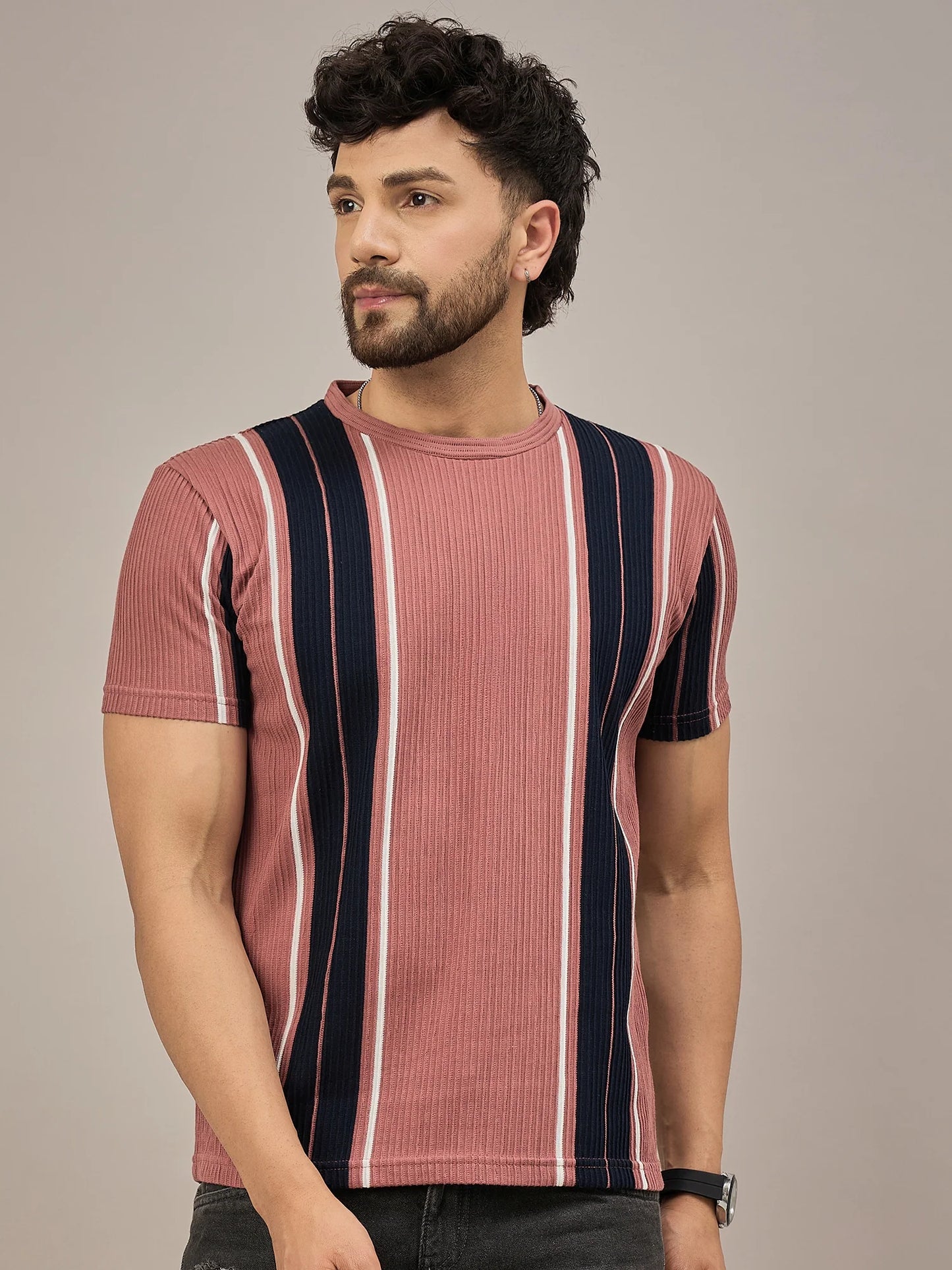 Men Striped T-shirt Rust and Black