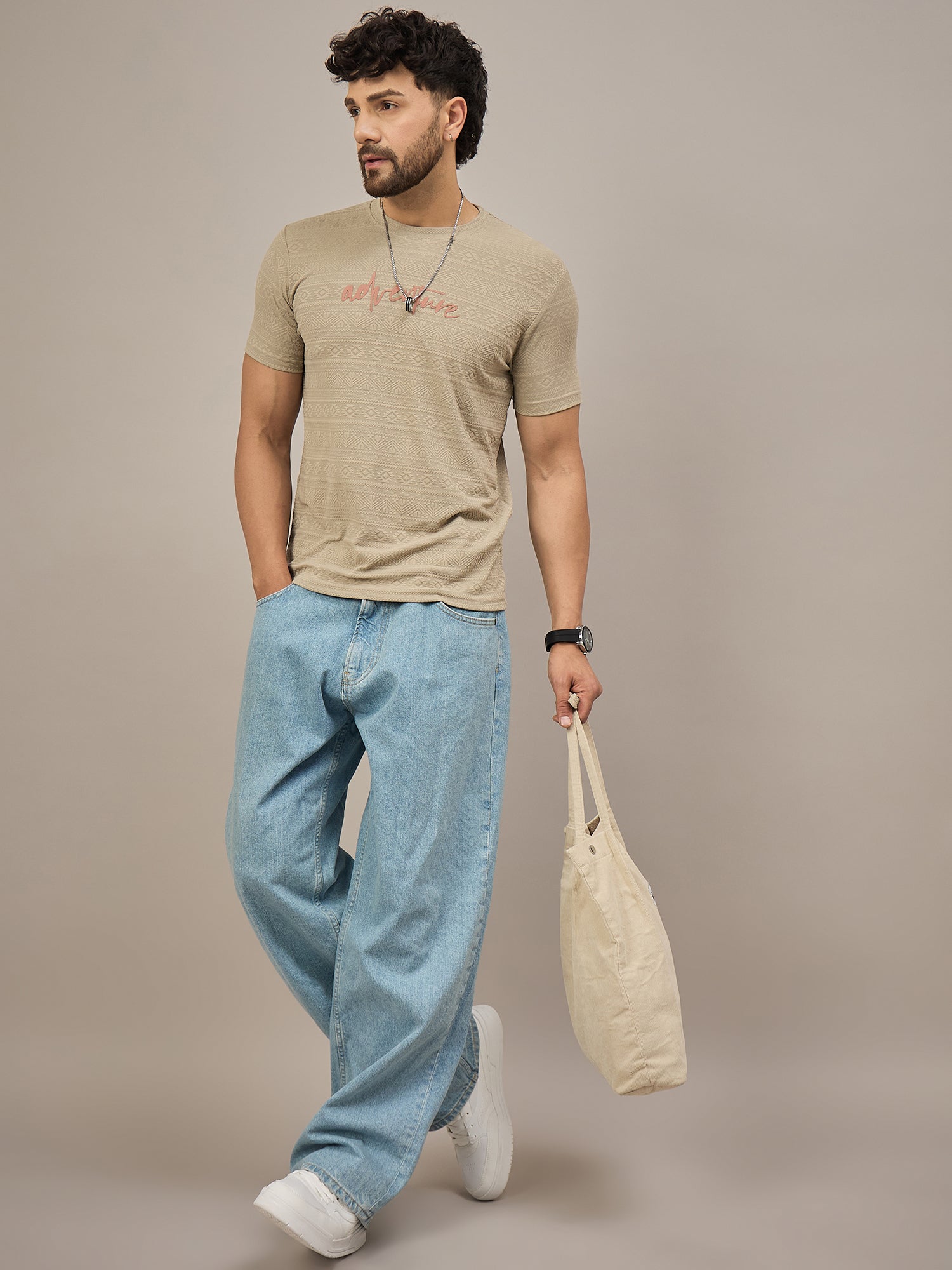 Men Round Neck T-shirt Beige