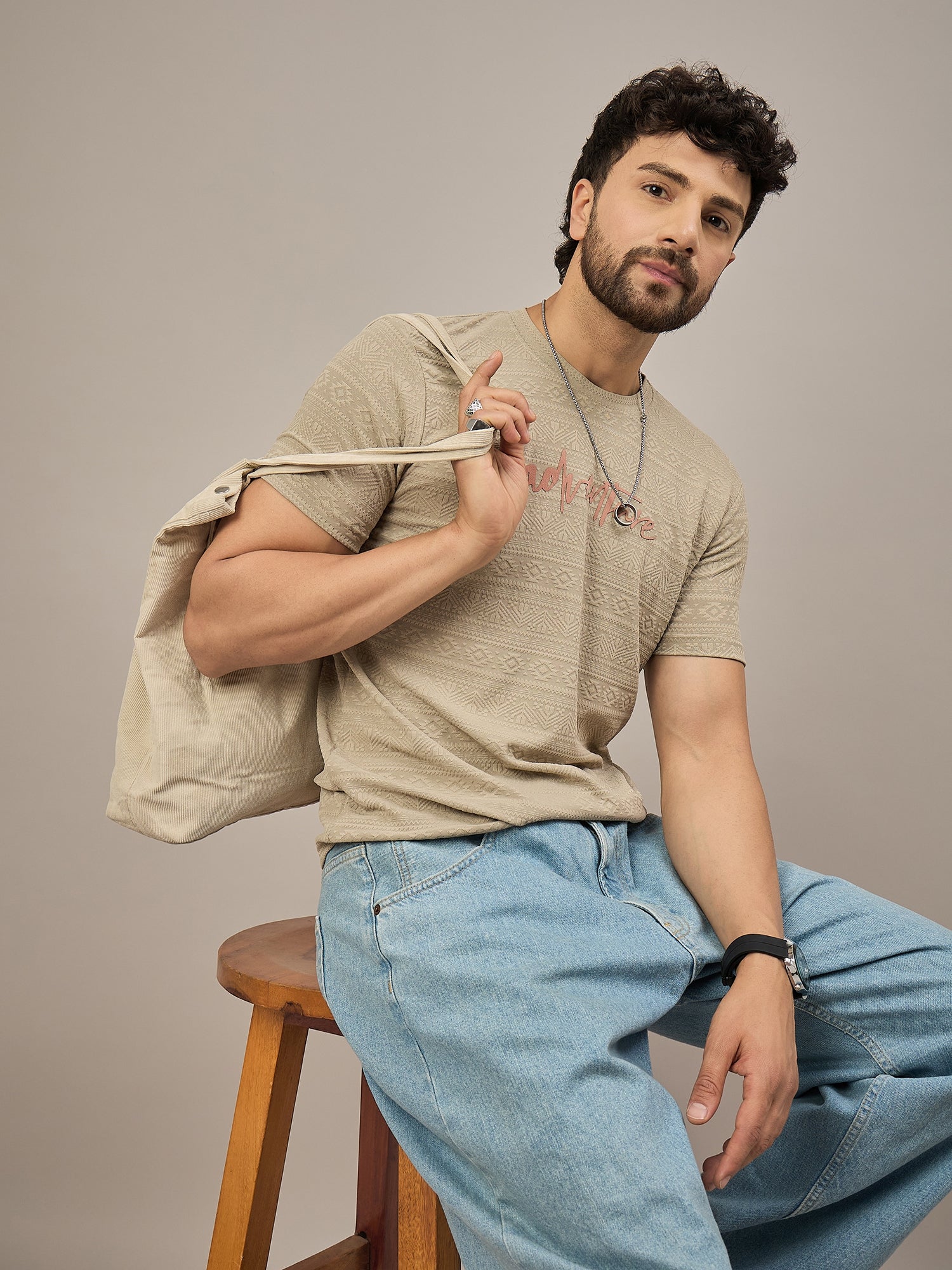 Men Round Neck T-shirt Beige