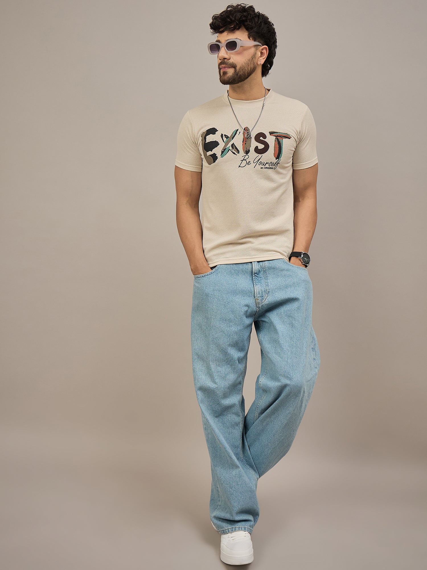Men Round Neck T-shirt Beige