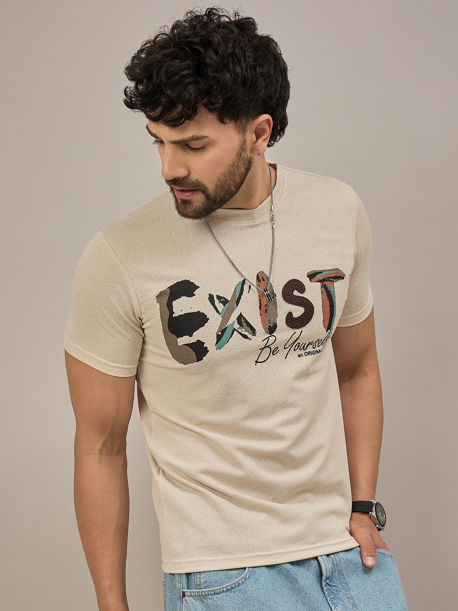 Men Round Neck T-shirt Beige