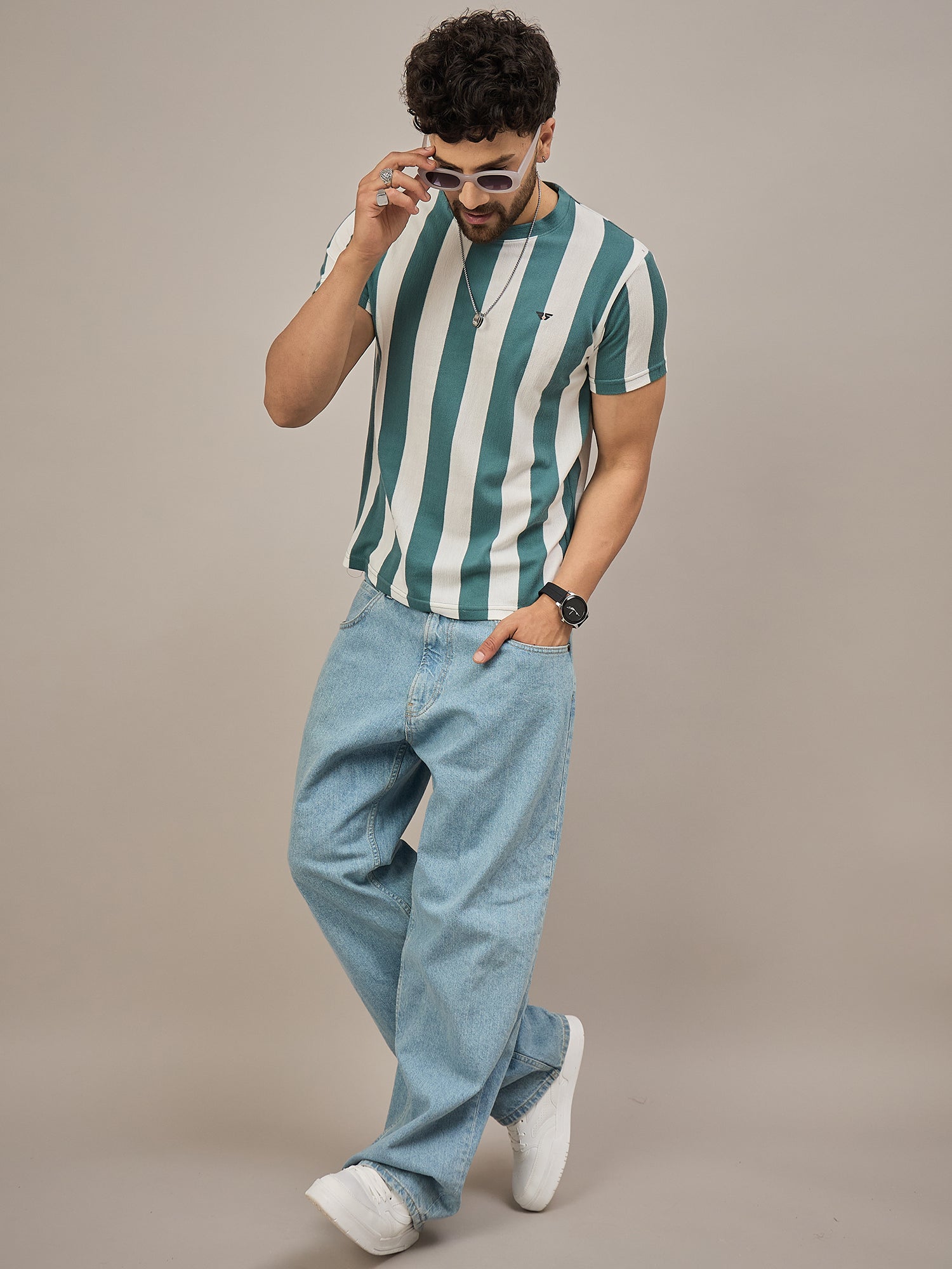 Men Striped T-shirt Green