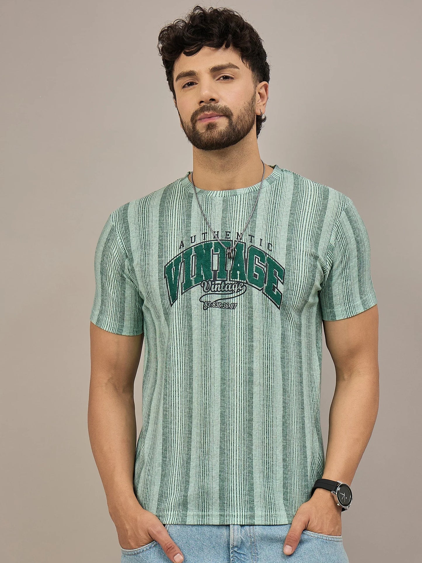 Men Striped T-shirt Green
