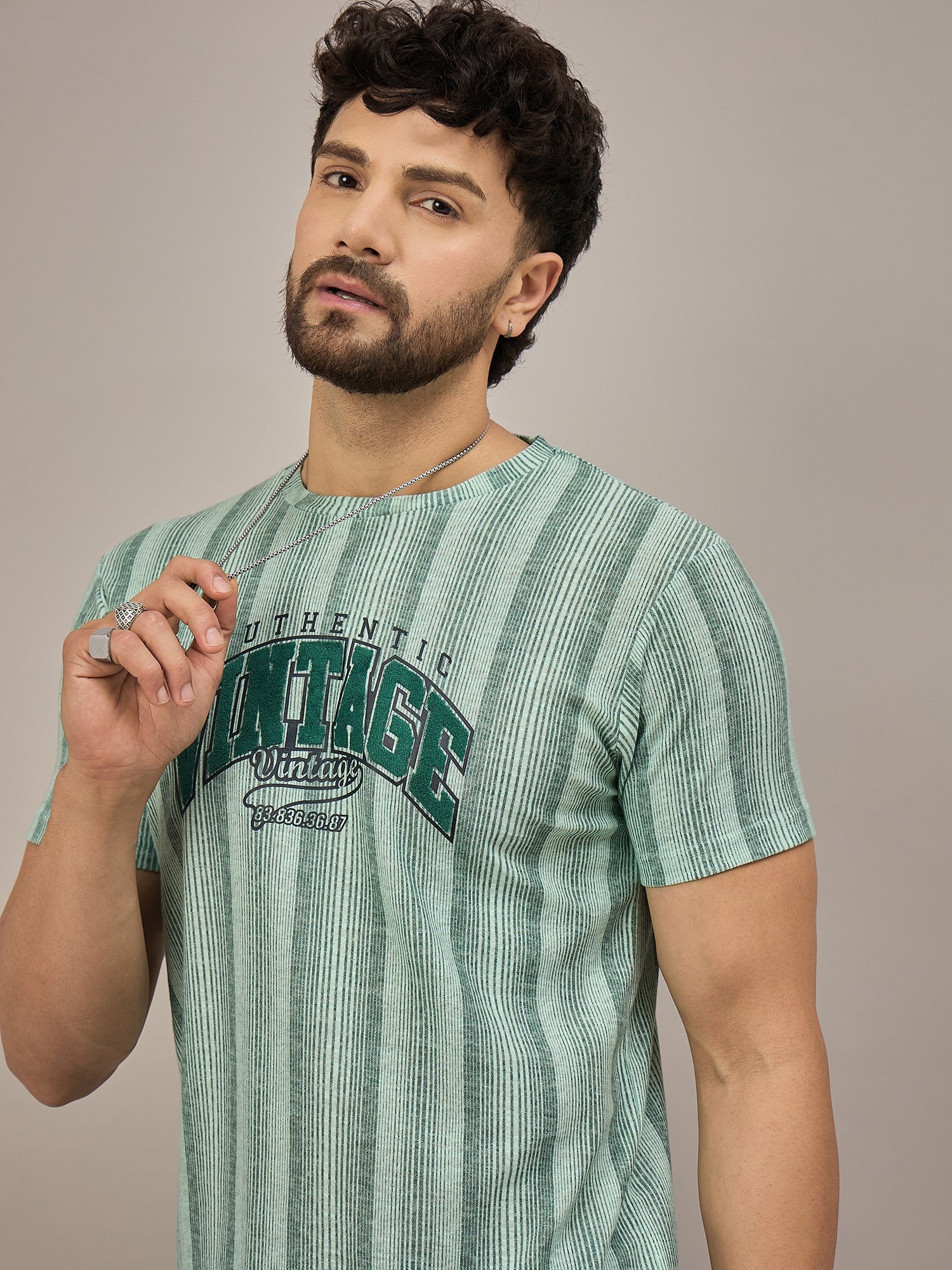 Men Striped T-shirt Green
