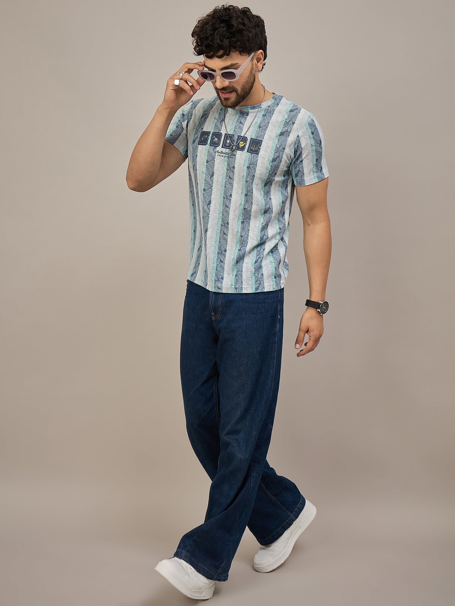 Men Striped T-shirt Blue & Light green