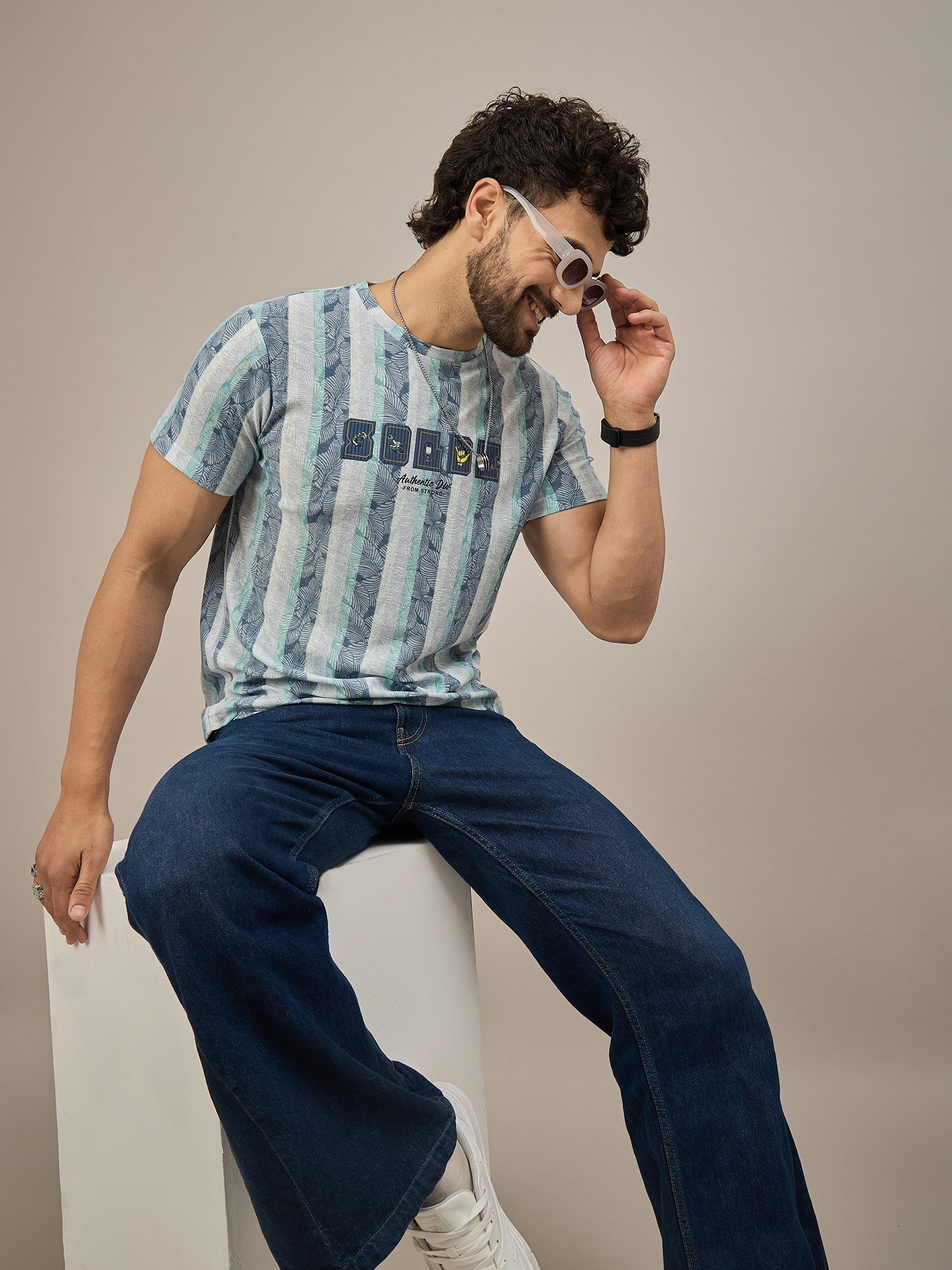 Men Striped T-shirt Blue & Light green