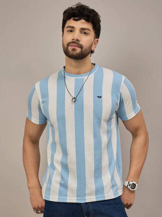 Men Striped T-shirt Sky Blue and White