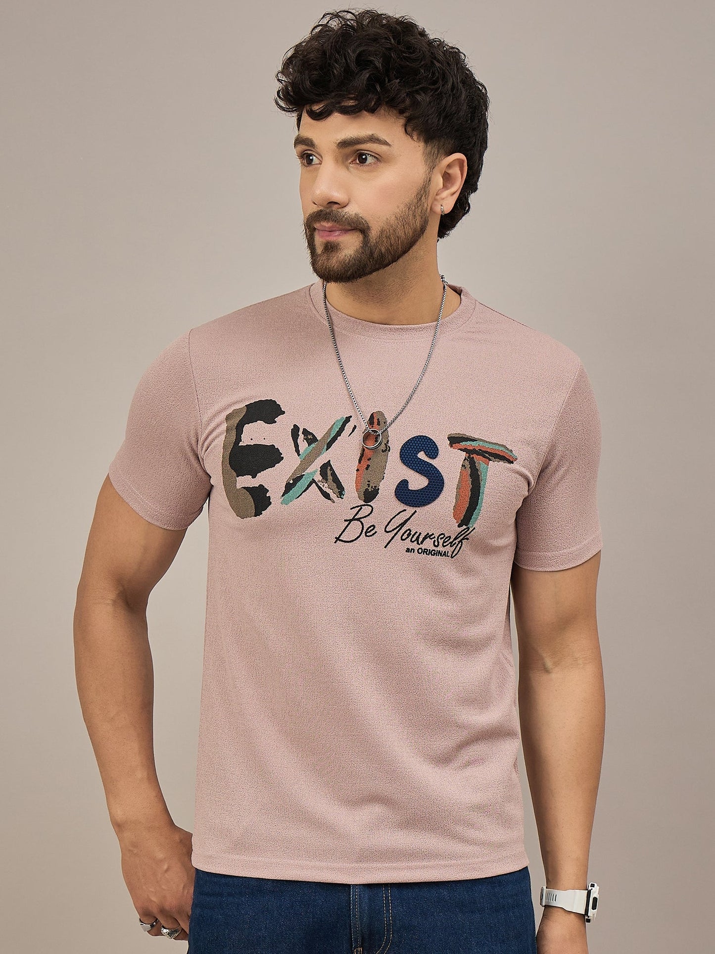 Men Printed Round Neck T-shirt Pink