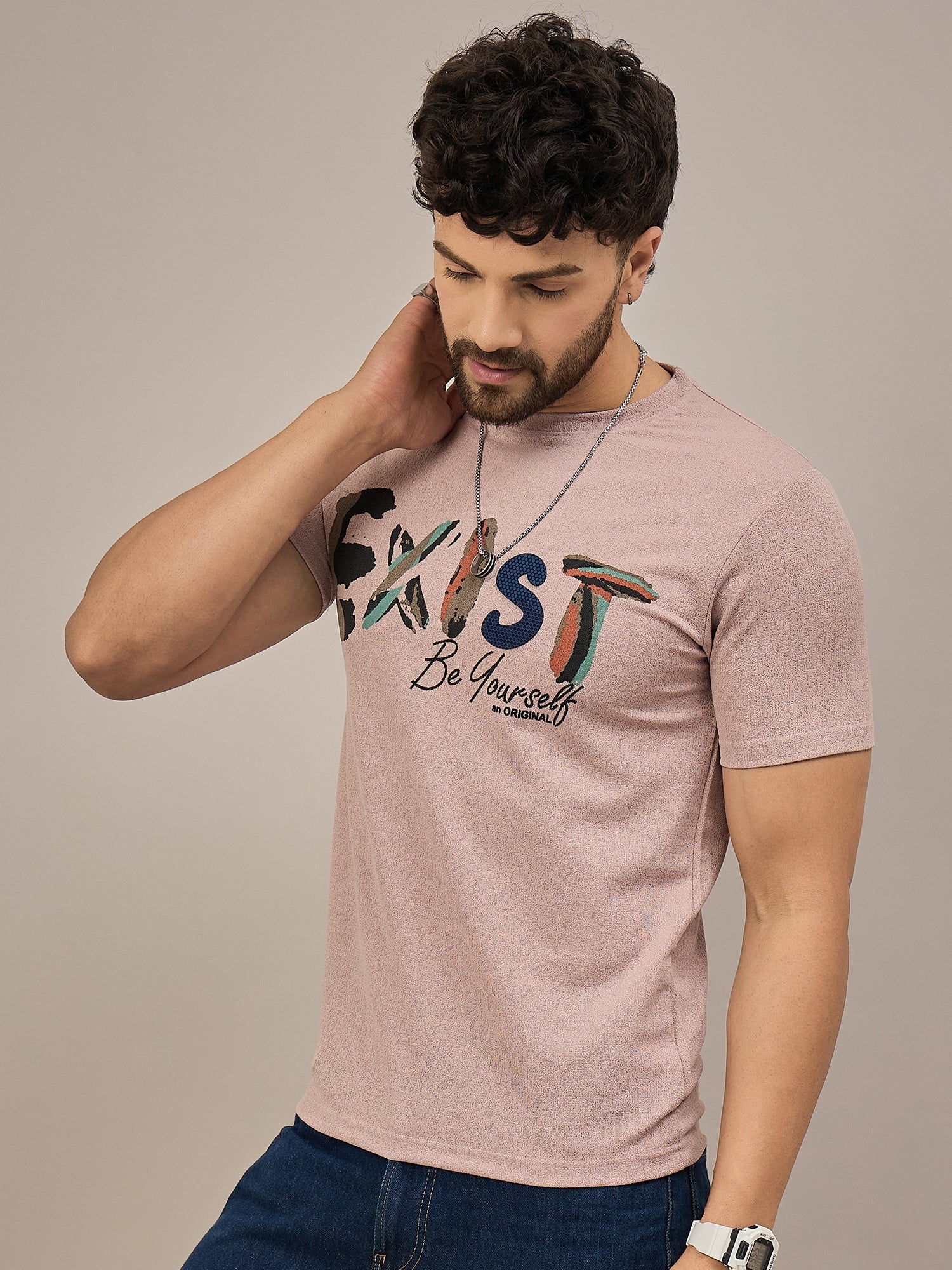 Men Round Neck T-shirt Pink