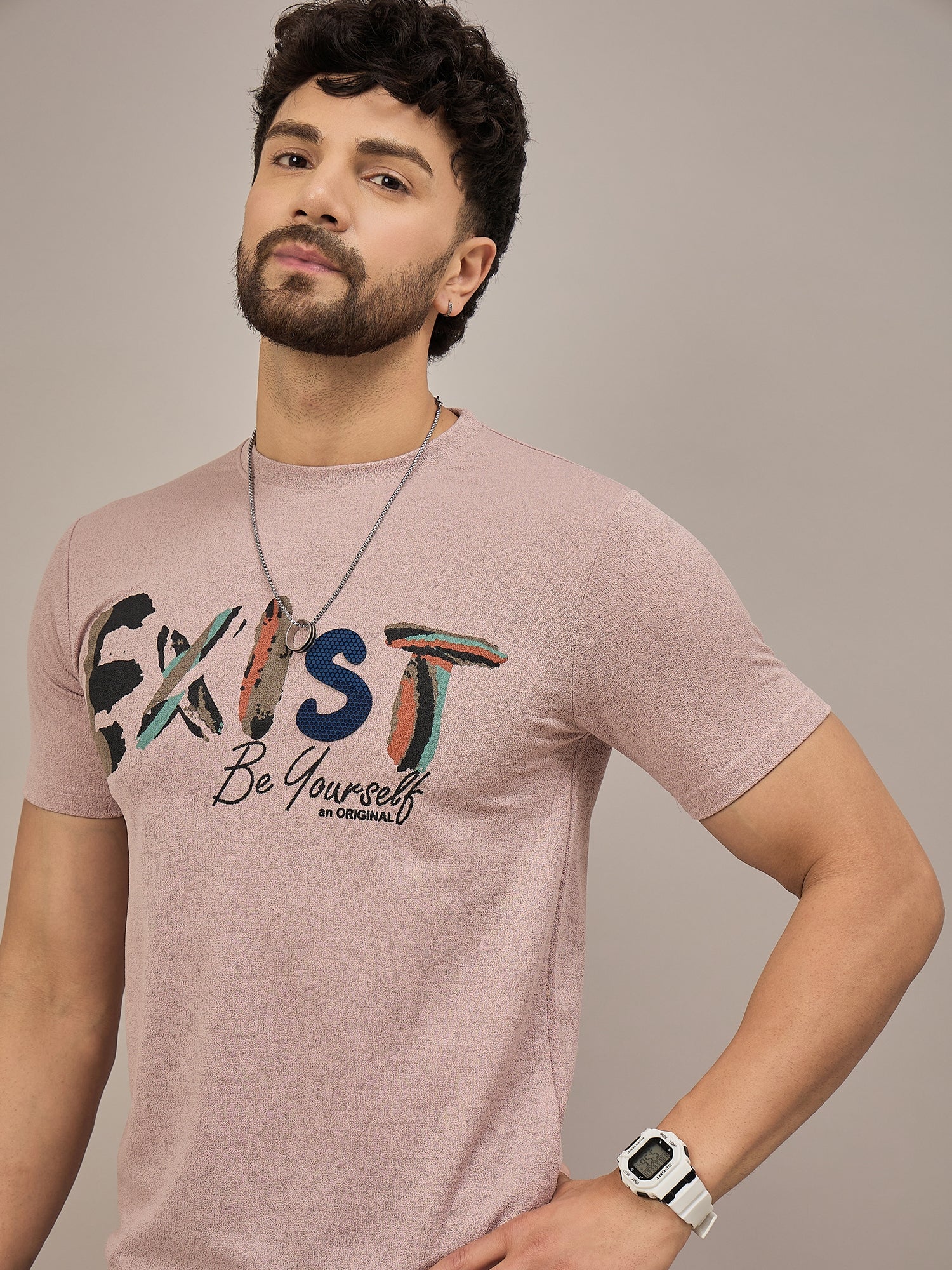 Men Round Neck T-shirt Pink