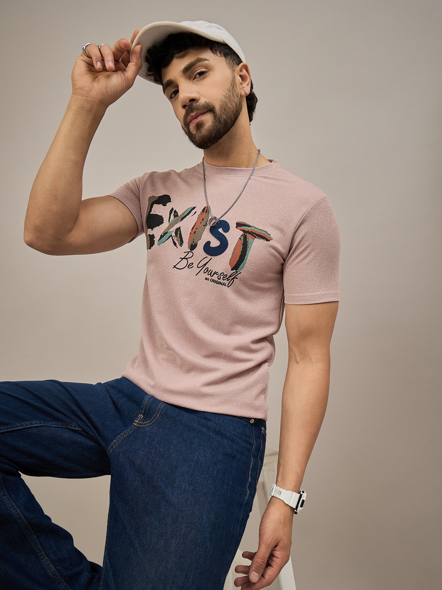 Men Round Neck T-shirt Pink
