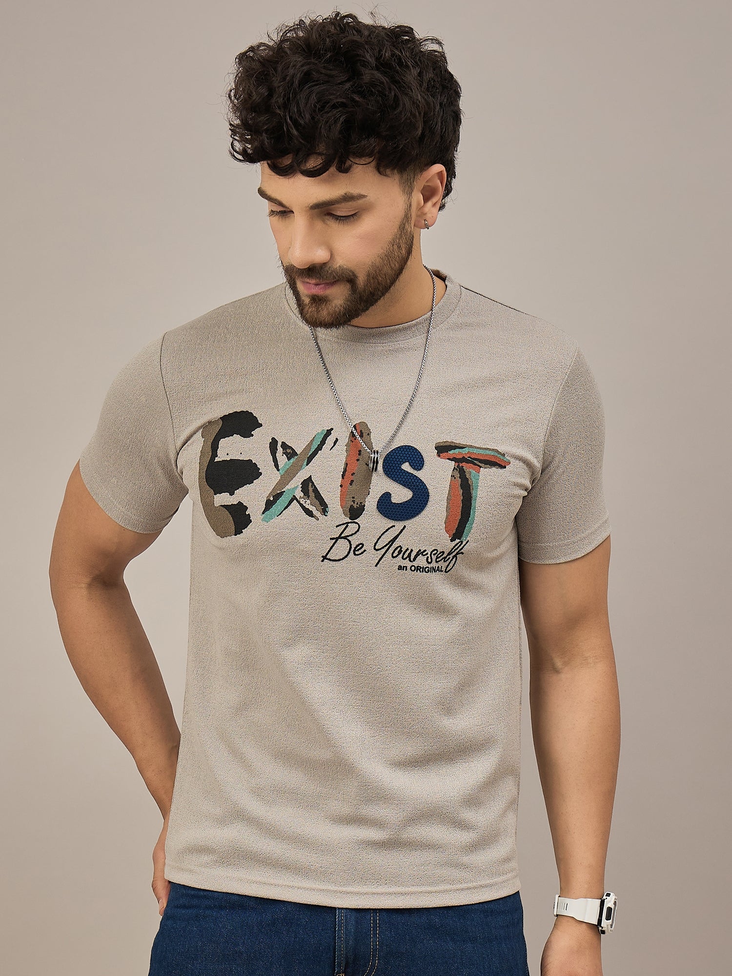 Men Round Neck T-shirt Beige
