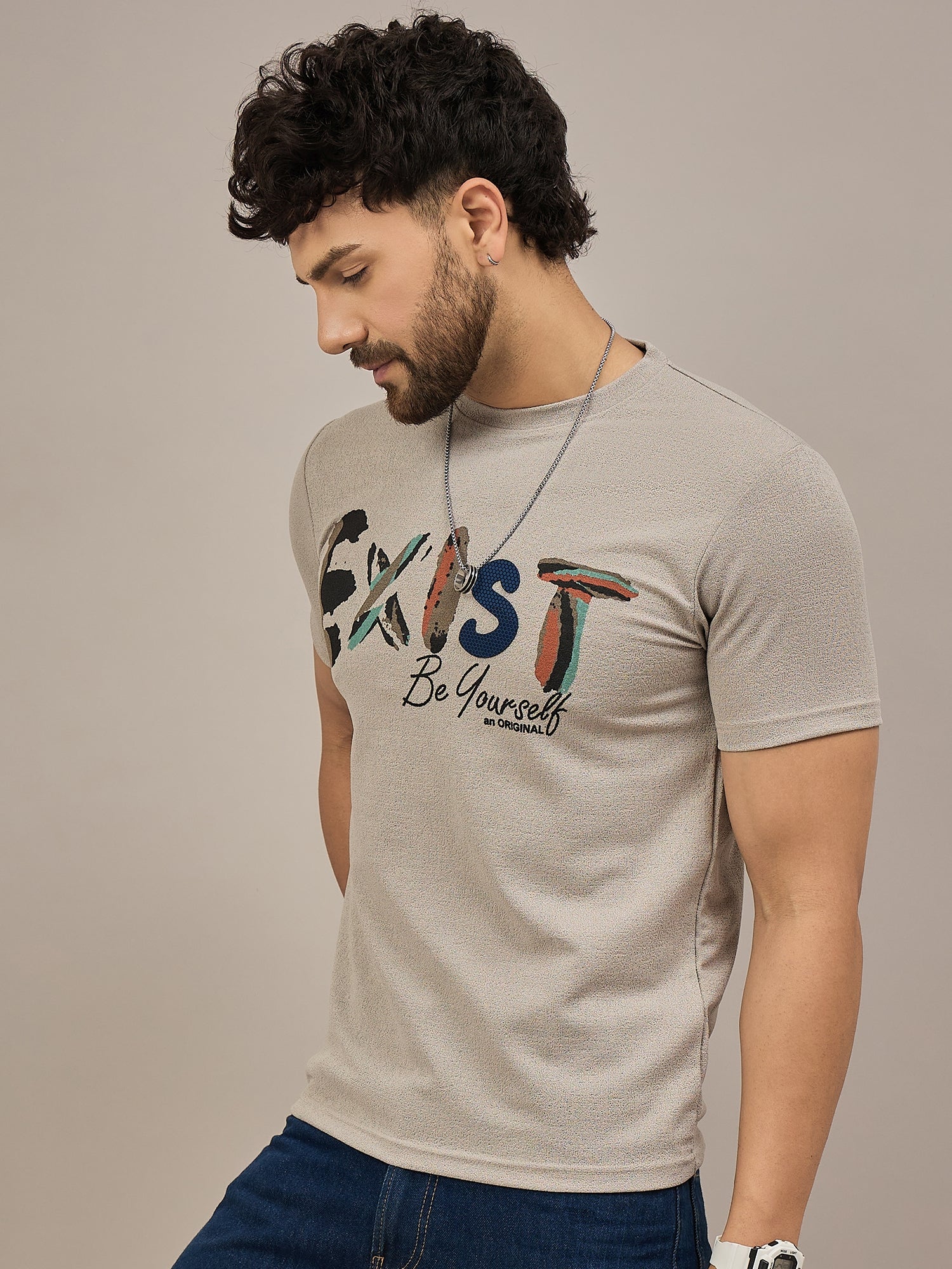 Men Round Neck T-shirt Beige