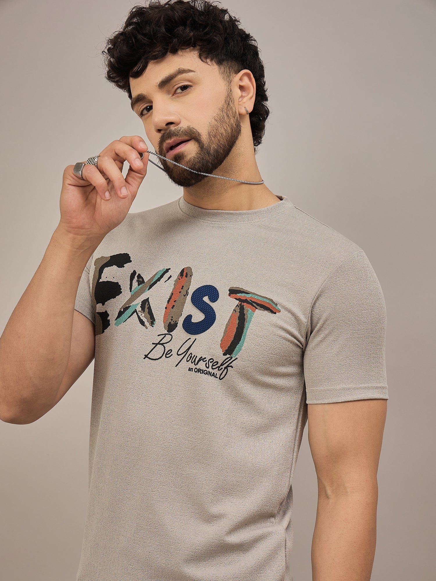 Men Round Neck T-shirt Beige