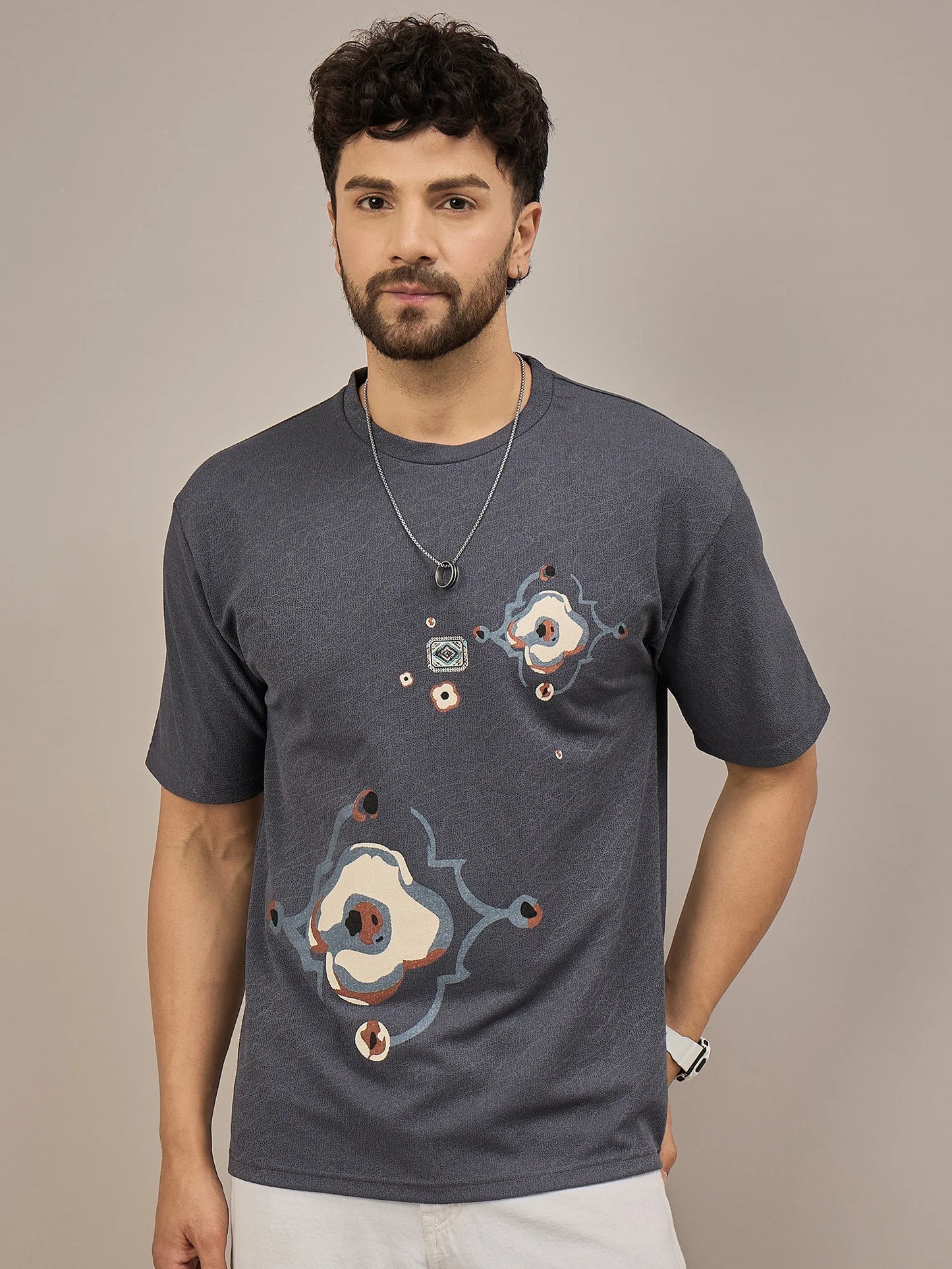 Men Oversized Printed Round Neck Drop Shoulder T-shirt Blue