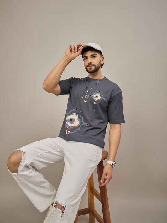 Men Oversized Printed Round Neck Drop Shoulder T-shirt Blue