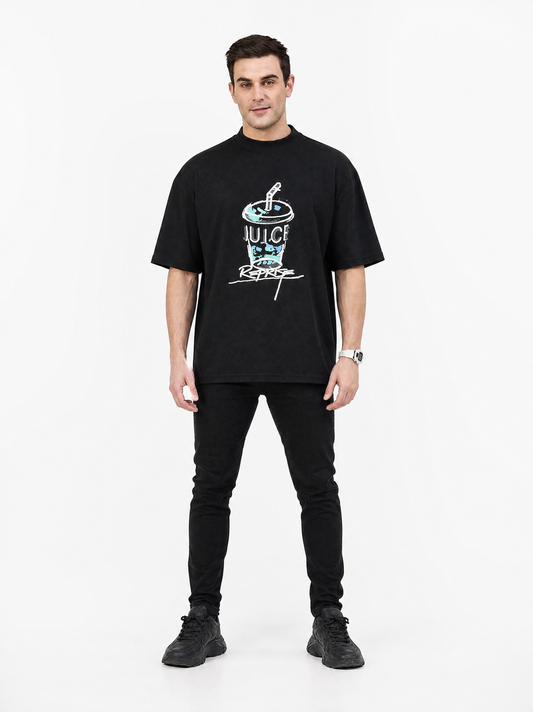 Men Oversized Printed Round Neck Drop shoulder T-shirt Black - Reprise