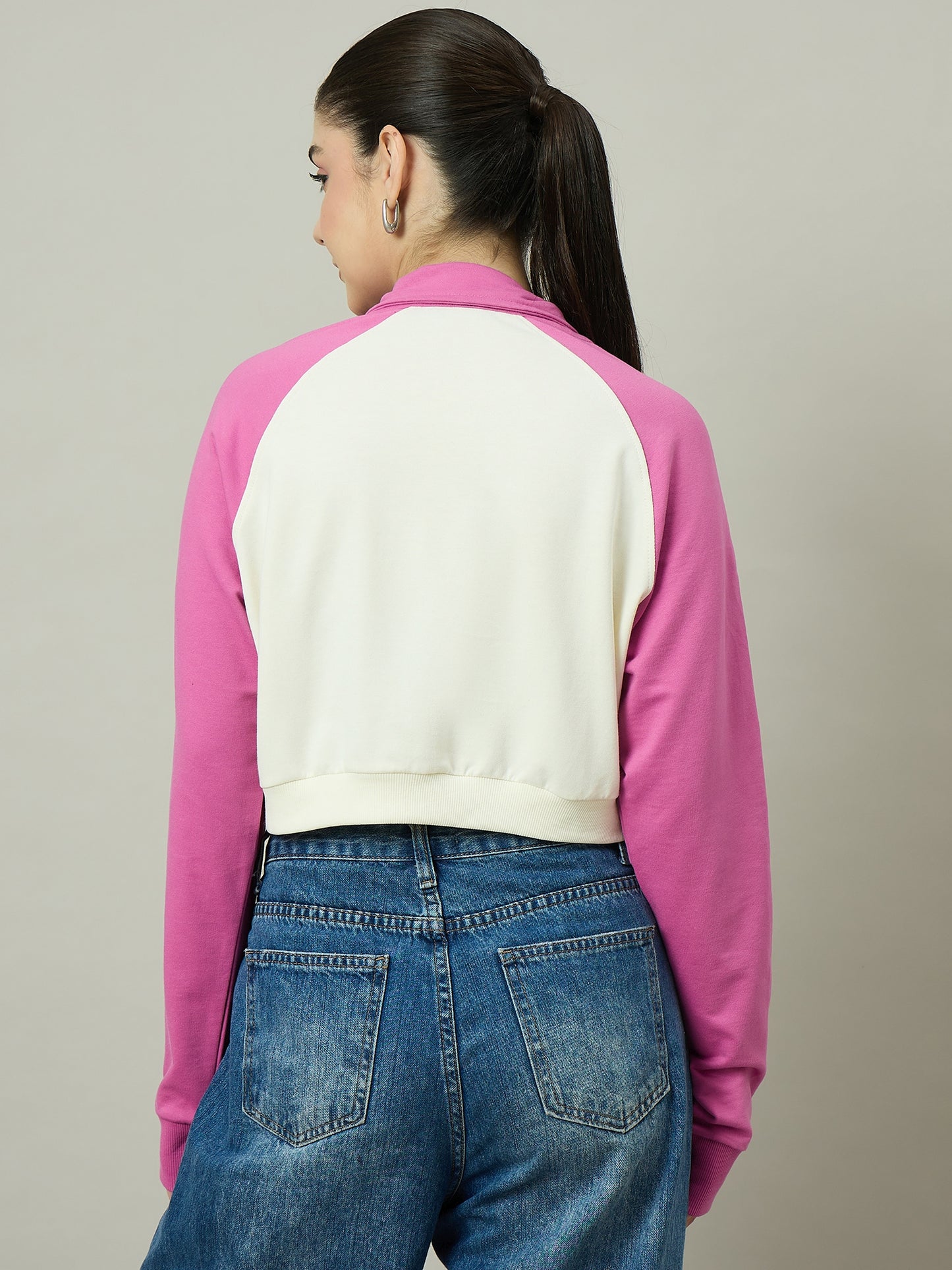Women Pink & Off White Stand Collar  Sweatshirt
