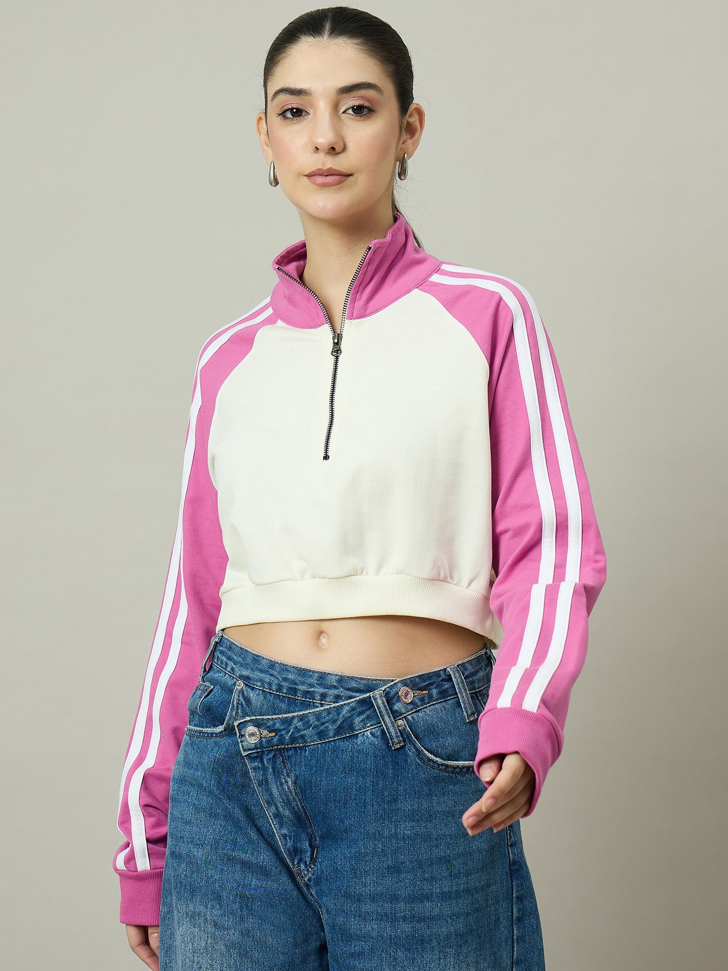 Women Pink & Off White Stand Collar  Sweatshirt