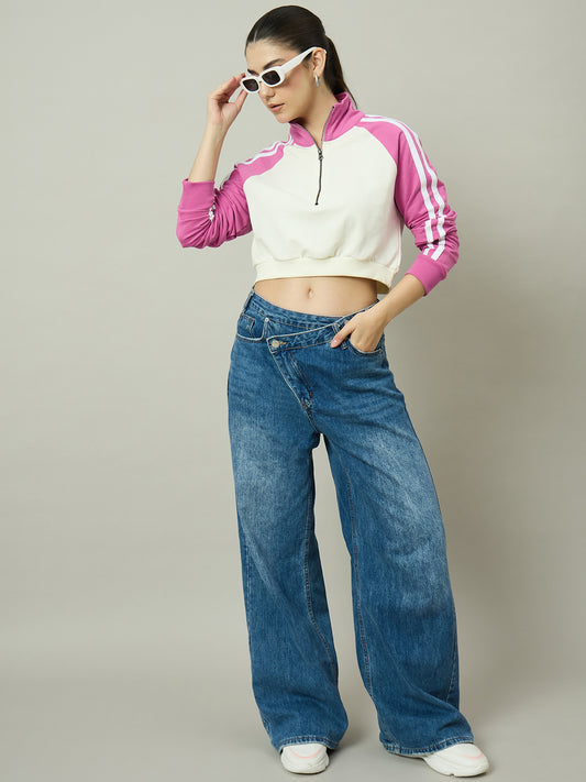 Women Pink & Off White Stand Collar  Sweatshirt