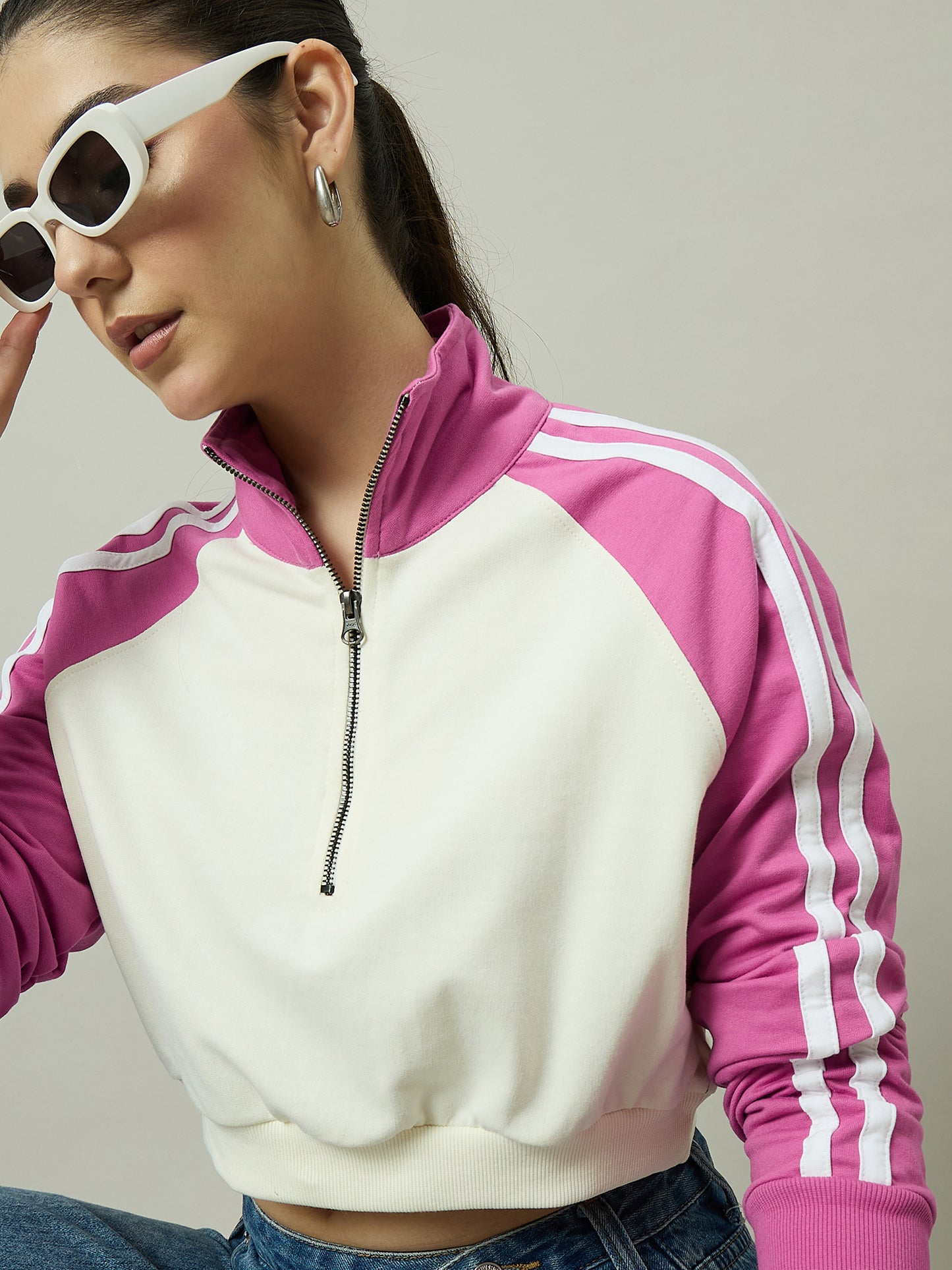 Women Pink & Off White Stand Collar  Sweatshirt