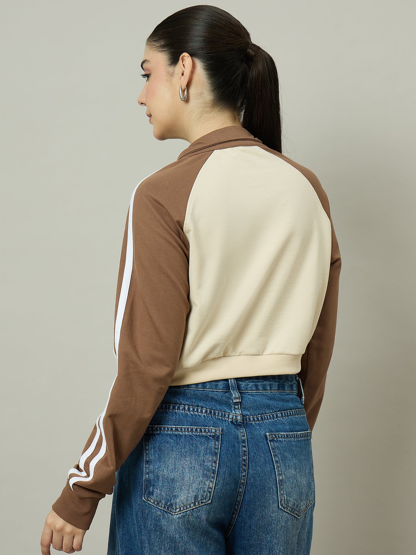 Women Brown & Beige Stand Collar Cropped Sweatshirt