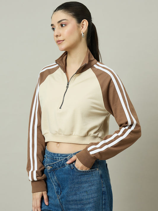Women Brown & Beige Stand Collar Cropped Sweatshirt