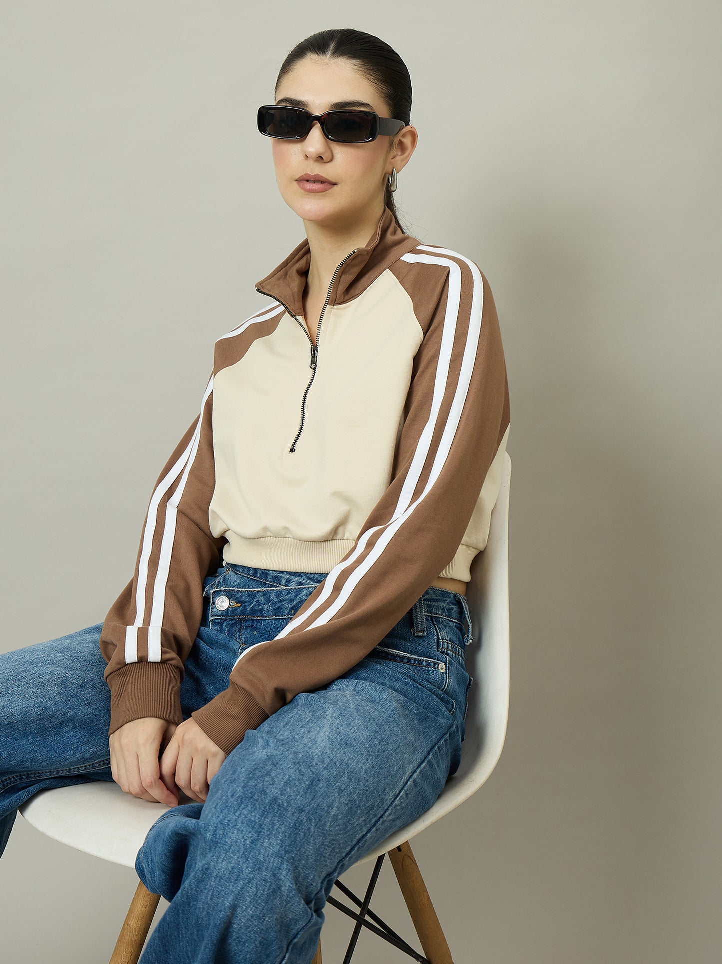 Women Brown & Beige Stand Collar Cropped Sweatshirt
