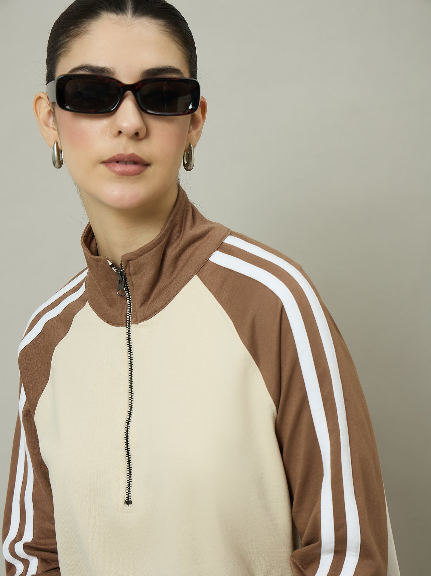 Women Brown & Beige Stand Collar Cropped Sweatshirt