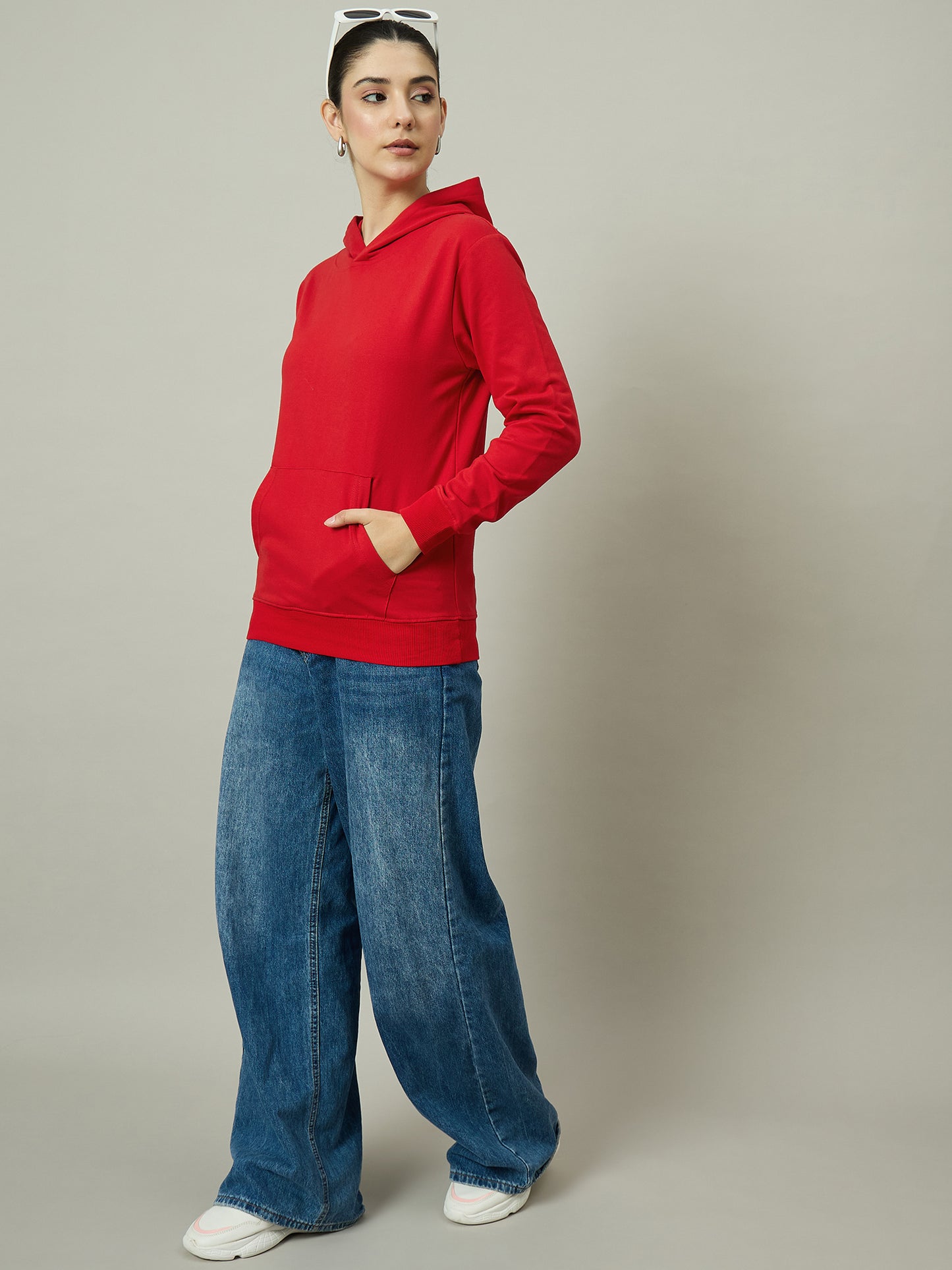Women Solid Red Hoodie