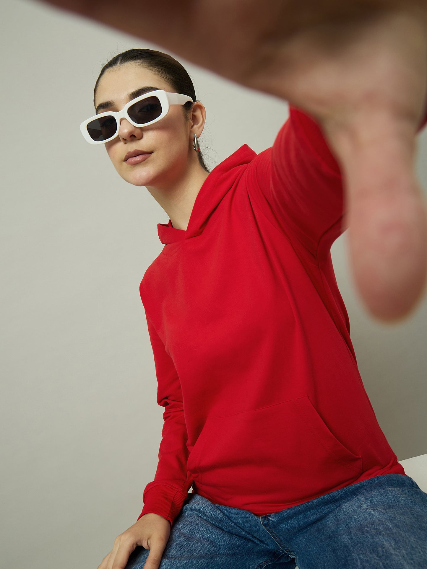 Women Solid Red Hoodie