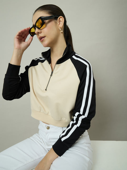 Women Black  & Beige Stand Collar Cropped Sweatshirt