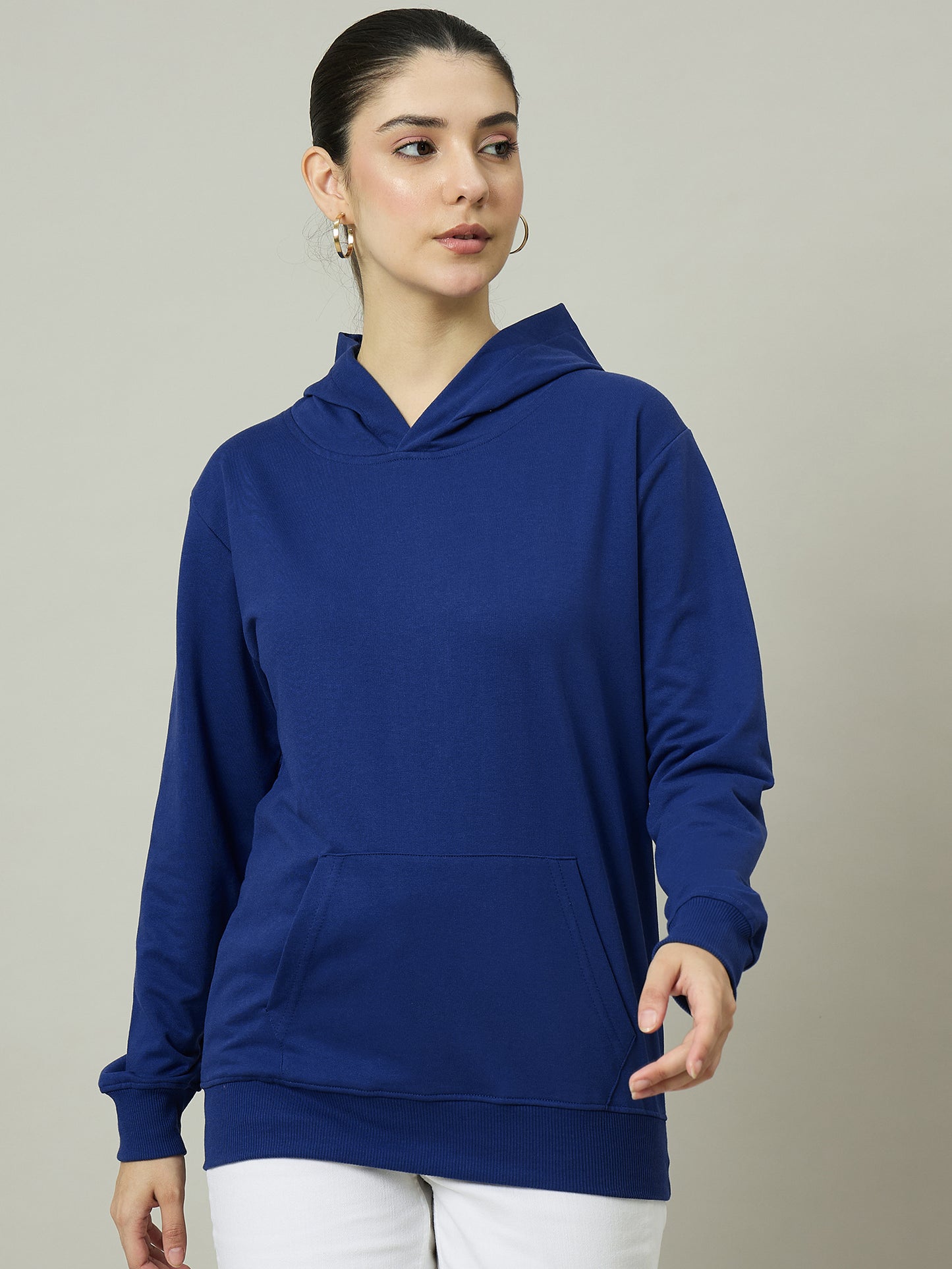 Women Blue Solid Hoodie