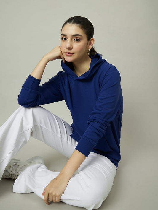 Women Blue Solid Hoodie