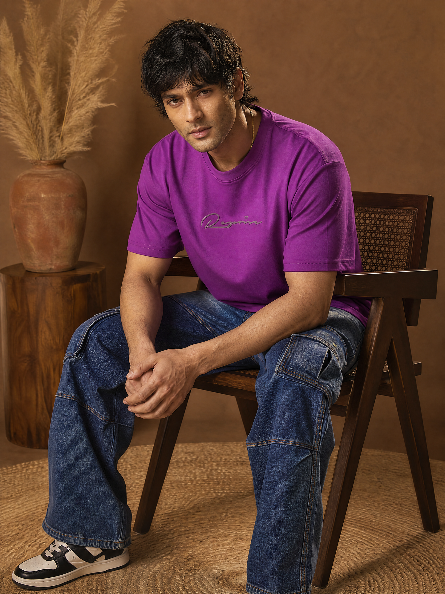 Men Oversize Printed Round Neck T-shirt Magenta