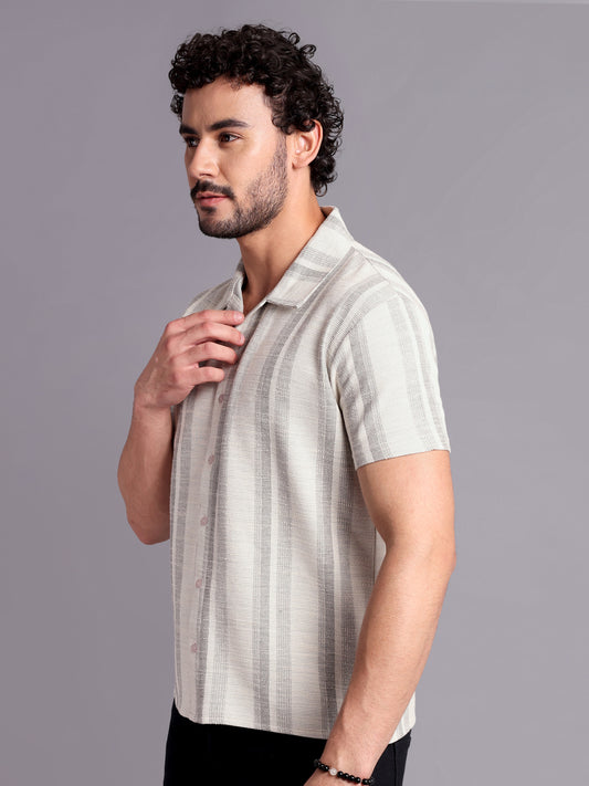 Men Regular Fit Spread Collar Textured Shirt White Grey - Reprise