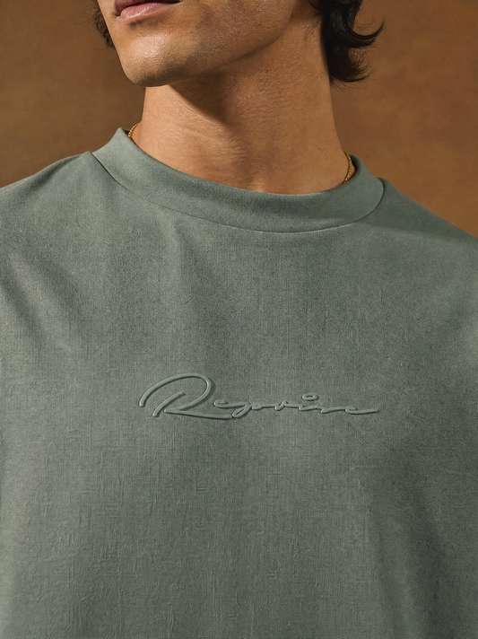 Men Oversize Printed Round Neck T-shirt Olive
